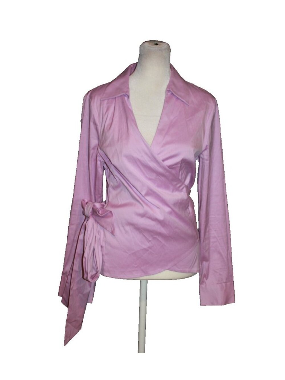 White House Black Market White Blouse Shiney Purple Crossover Tie-Side Size 4